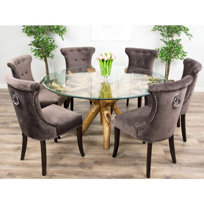 1.5m Reclaimed Teak Root Circular Dining Table with 6 Velveteen Ring Back Dining Chairs - 3