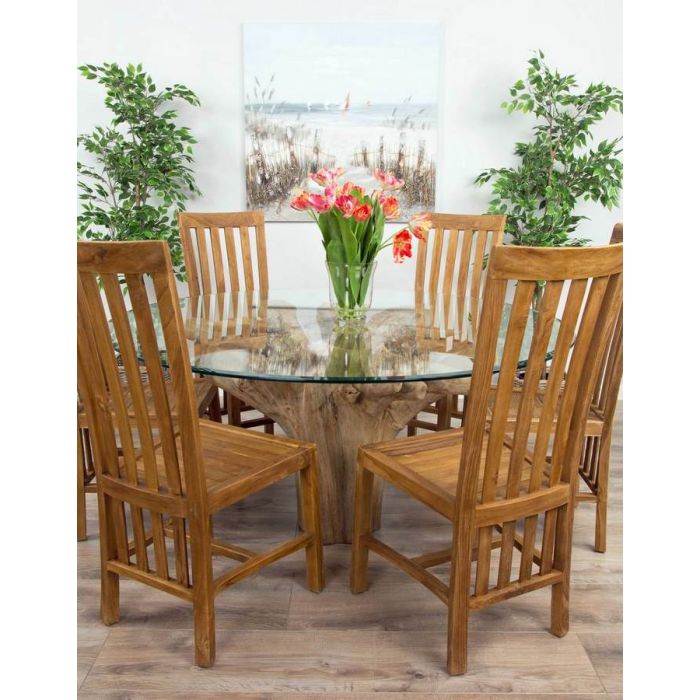 1.5m Reclaimed Teak Flute Root Circular Dining Table with 6 Santos Chairs - 5