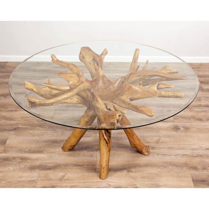 1.5m Reclaimed Teak Root Circular Dining Table with 6 Stackable Zorro Chairs  - 12
