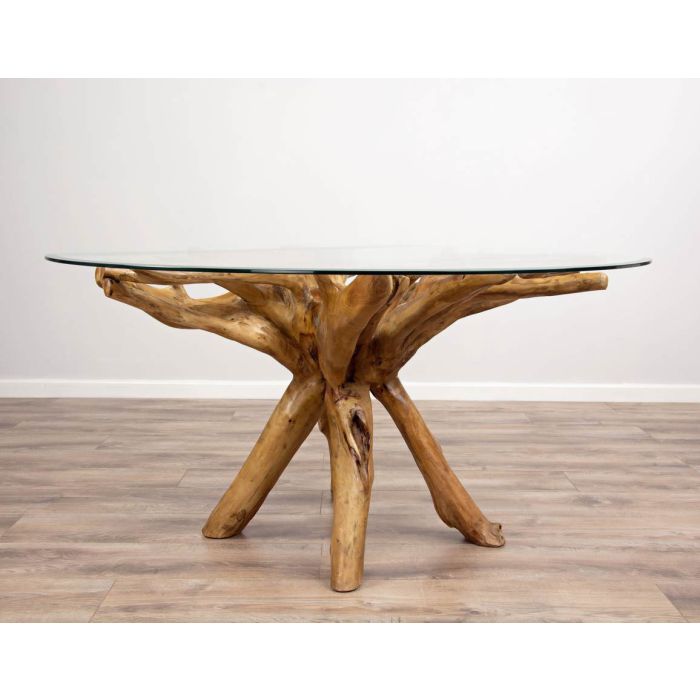 1.5m Reclaimed Teak Root Circular Dining Table with 6 Stackable Zorro Chairs  - 11
