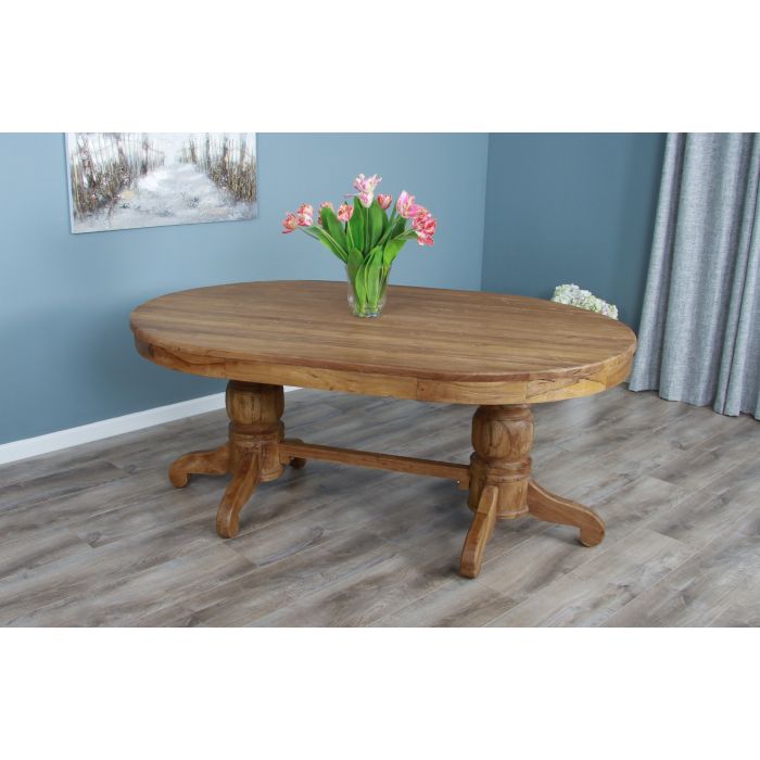 1.8m Reclaimed Teak Oval Pedestal Dining Table with 6 Windsor Ring Back Chairs  - 7