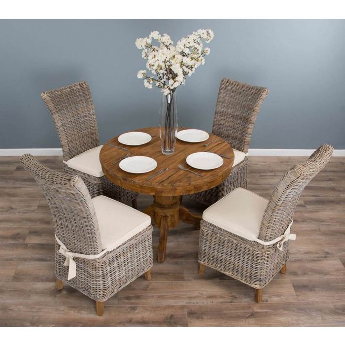 1m Reclaimed Teak Circular Pedestal Dining Table with 4 Latifa Dining Chairs - 1