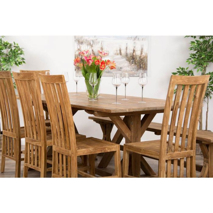 2m Reclaimed Teak Dinklik Dining Table with 1 Backless Bench & 5 Santos Chairs    - 2