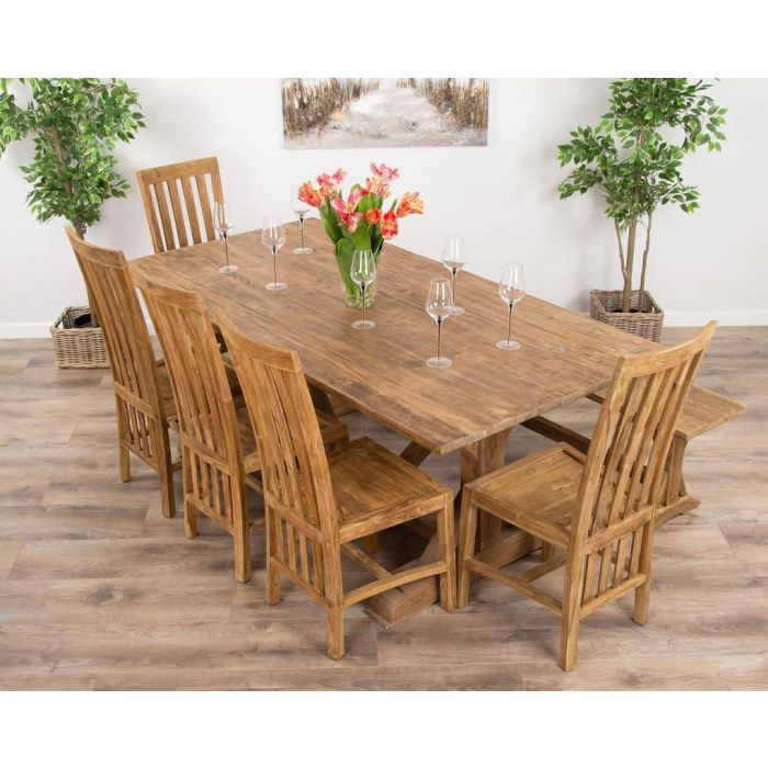 2m Reclaimed Teak Dinklik Dining Table with 1 Backless Bench & 5 Santos Chairs    - 1