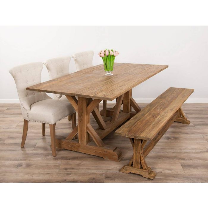 2m Reclaimed Teak Dinklik Dining Table with 1 Backless Bench & 3 Windsor Ring Back Chairs    - 2