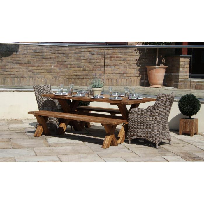 2m Reclaimed Teak Outdoor Open Slatted Cross Leg Table with 2 Backless Benches & 2 Donna Armchairs - 2