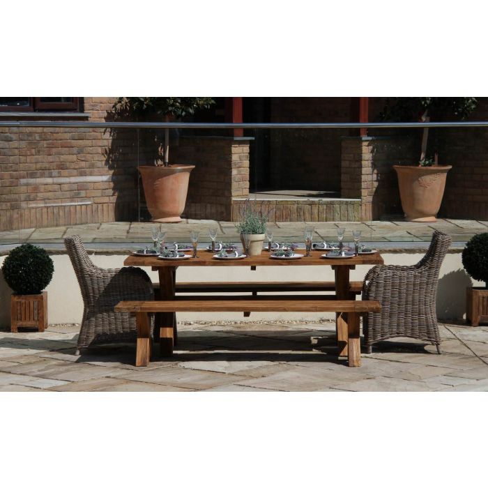 2m Reclaimed Teak Outdoor Open Slatted Cross Leg Table with 2 Backless Benches & 2 Donna Armchairs - 1