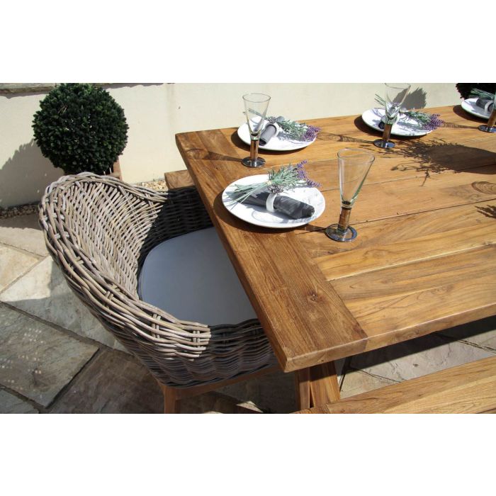 2m Reclaimed Teak Outdoor Open Slatted Cross Leg Table with 2 Backless Benches & 2 Scandi Armchairs - 4