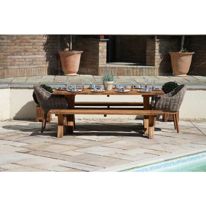 2m Reclaimed Teak Outdoor Open Slatted Cross Leg Table with 2 Backless Benches & 2 Scandi Armchairs - 2