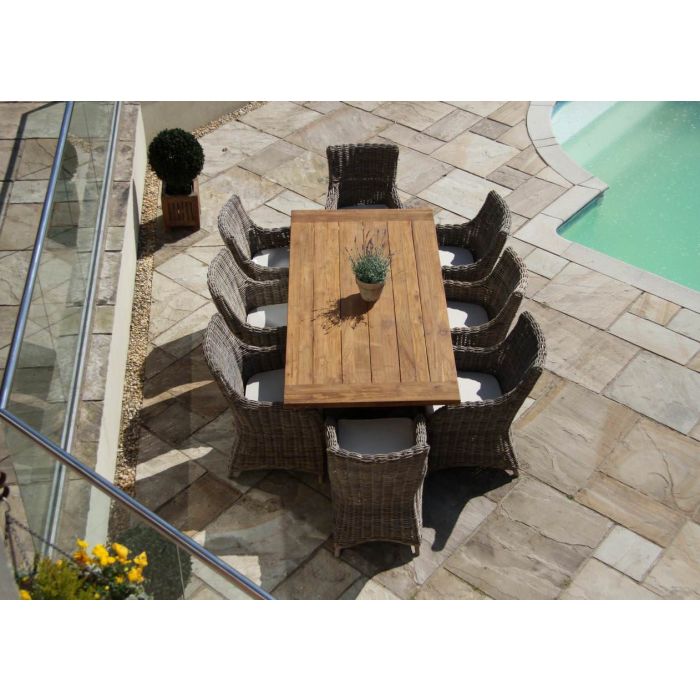 2m Reclaimed Teak Outdoor Open Slatted Cross Leg Table with 8 Donna Armchairs - 4