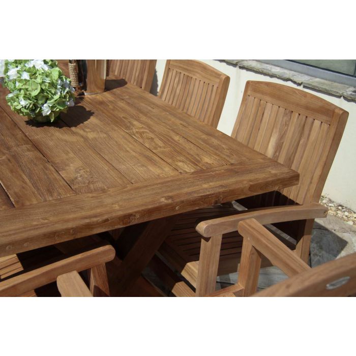 2m Reclaimed Teak Outdoor Open Slatted Cross Leg Table with 8 Marley Armchairs - 3