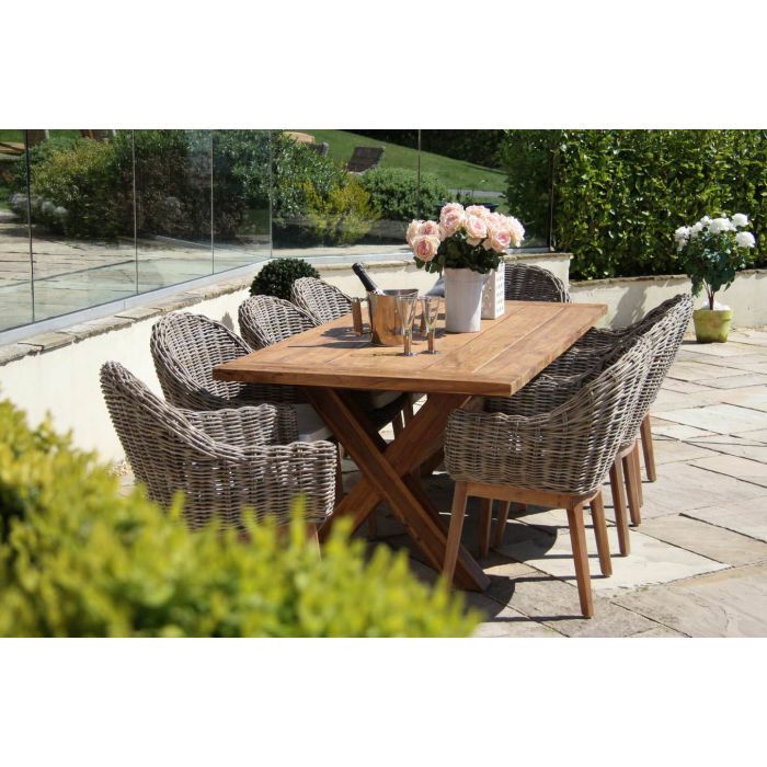 2m Reclaimed Teak Outdoor Open Slatted Cross Leg Table with 8 Scandi Armchairs - 2