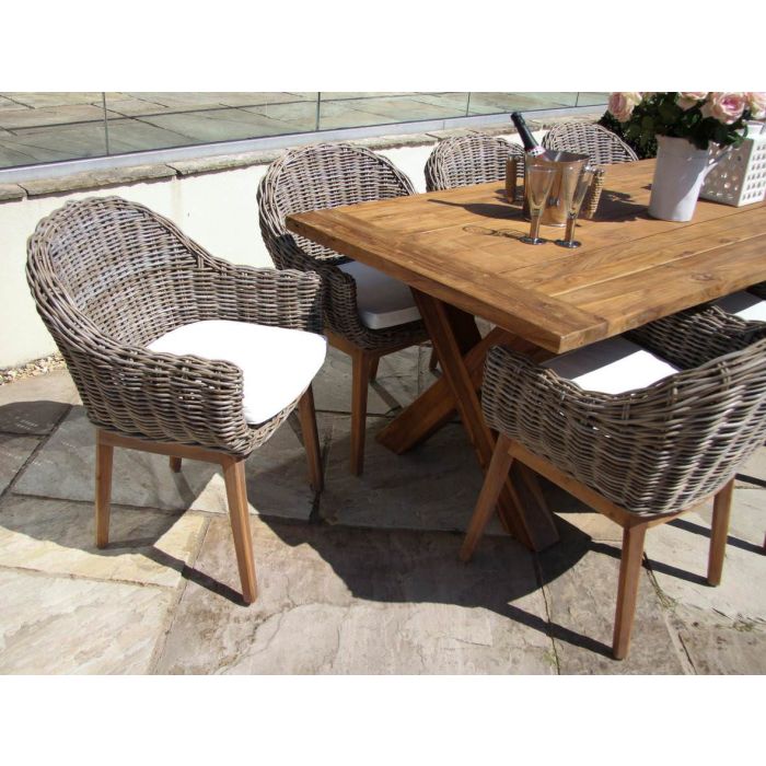 2m Reclaimed Teak Outdoor Open Slatted Cross Leg Table with 8 Scandi Armchairs - 6