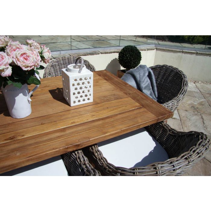 2m Reclaimed Teak Outdoor Open Slatted Cross Leg Table with 8 Scandi Armchairs - 7
