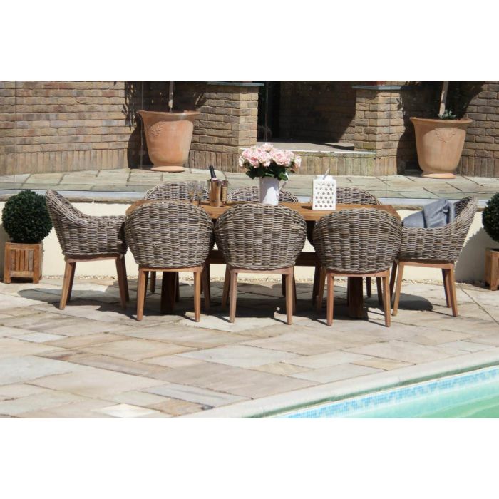 2m Reclaimed Teak Outdoor Open Slatted Cross Leg Table with 8 Scandi Armchairs - 3