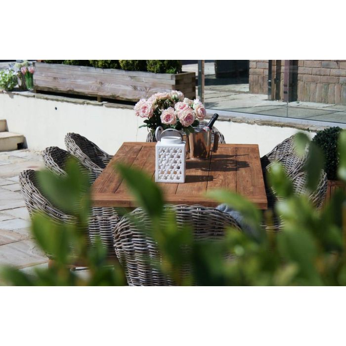 2m Reclaimed Teak Outdoor Open Slatted Cross Leg Table with 8 Scandi Armchairs - 5