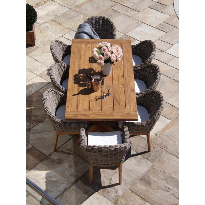 2m Reclaimed Teak Outdoor Open Slatted Cross Leg Table with 8 Scandi Armchairs - 4