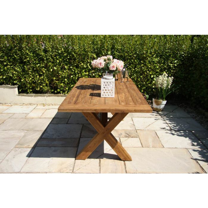 2m Reclaimed Teak Outdoor Open Slatted Cross Leg Table with 2 Backless Benches & 2 Scandi Armchairs - 9