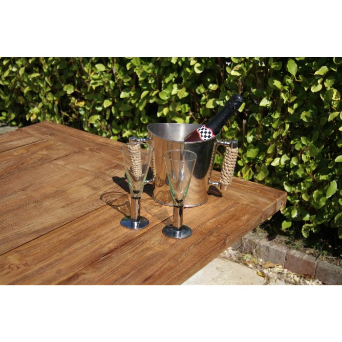 2m Reclaimed Teak Outdoor Open Slatted Cross Leg Table with 2 Backless Benches & 2 Donna Armchairs - 4