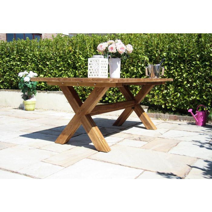 2m Reclaimed Teak Outdoor Open Slatted Cross Leg Table - 3