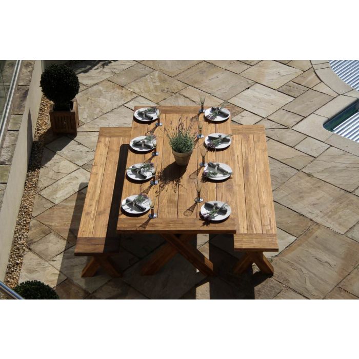 2m Reclaimed Teak Outdoor Open Slatted Cross Leg Table with 2 Backless Benches - 4