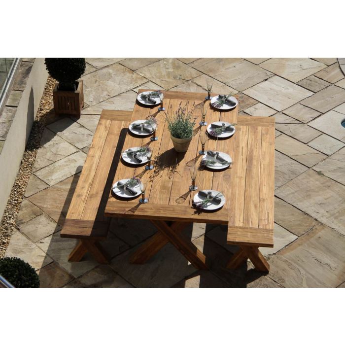 2m Reclaimed Teak Outdoor Open Slatted Cross Leg Table with 2 Backless Benches - 3