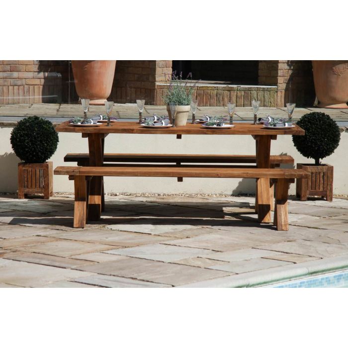 2m Reclaimed Teak Outdoor Open Slatted Cross Leg Table with 2 Backless Benches - 2