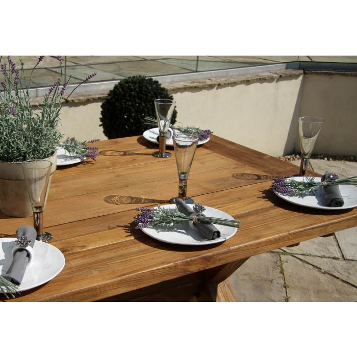 2m Reclaimed Teak Outdoor Open Slatted Cross Leg Table with 2 Backless Benches - 6