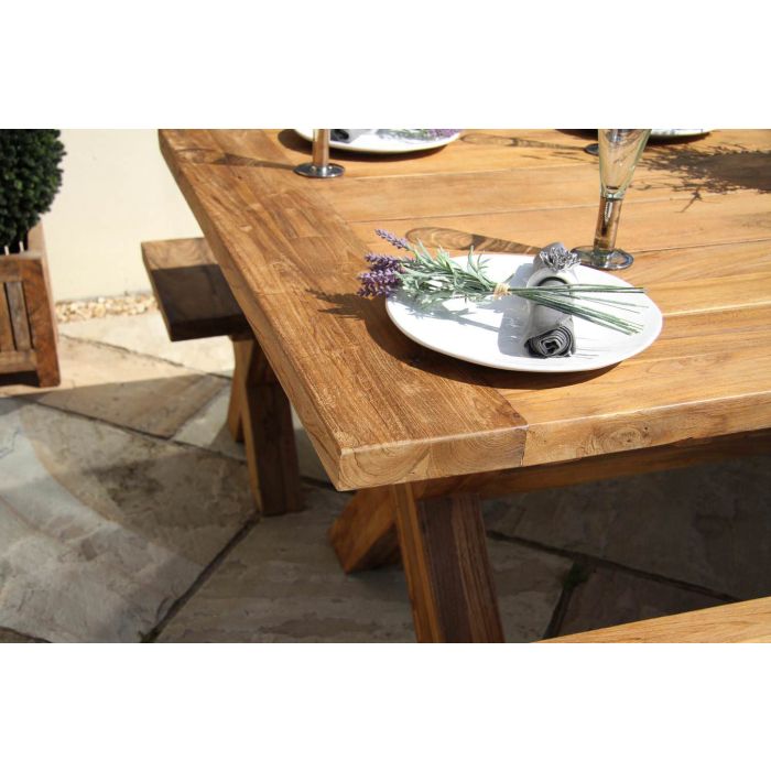 2m Reclaimed Teak Outdoor Open Slatted Cross Leg Table with 2 Backless Benches - 7