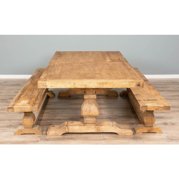 2.4m Reclaimed Elm Pedestal Dining Table with 2 Backless Benches - 14