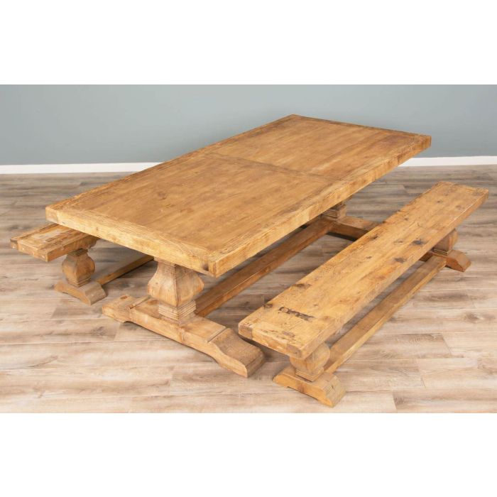 2.4m Reclaimed Elm Pedestal Dining Table with 2 Backless Benches - 13