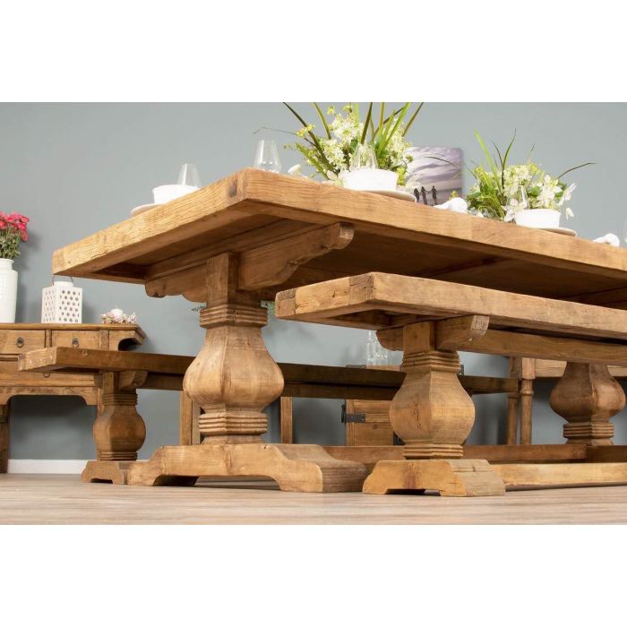 2.4m Reclaimed Elm Pedestal Dining Table with 2 Backless Benches - 3