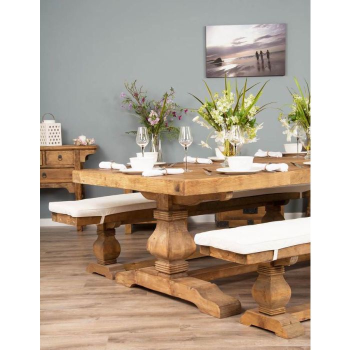2.4m Reclaimed Elm Pedestal Dining Table with 2 Backless Benches - 10