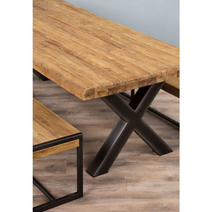 2.4m Reclaimed Teak Urban Fusion Cross Dining Table with Two Backless Benches  - 5