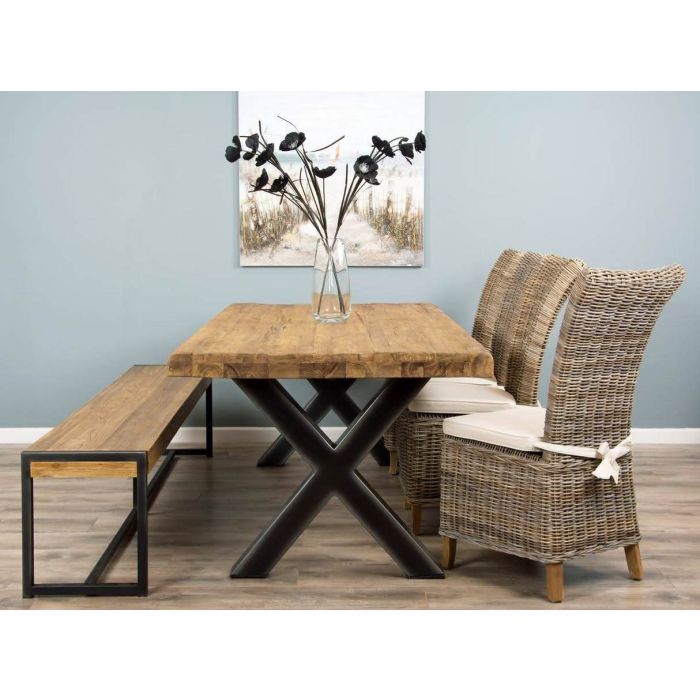 2.4m Reclaimed Teak Urban Fusion Cross Dining Table with One Backless Bench and 4 Latifa Dining Chairs  - 4