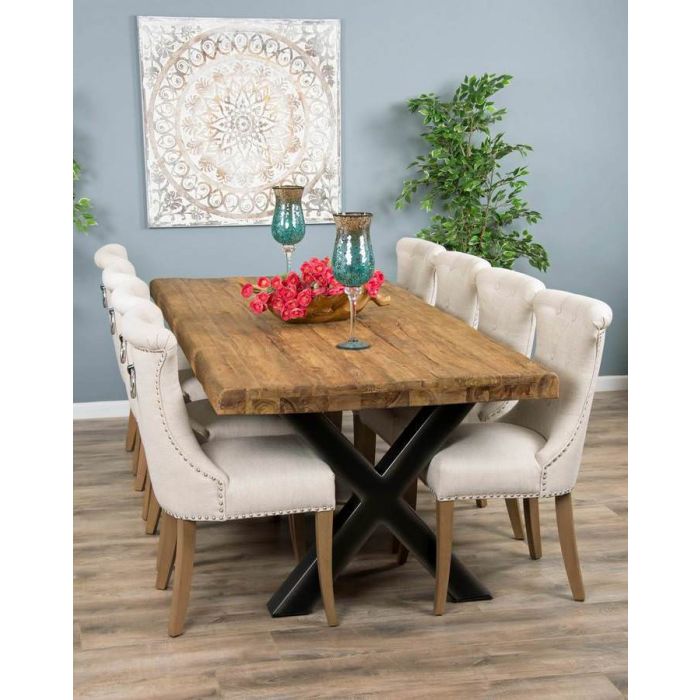 2.4m Reclaimed Teak Urban Fusion Cross Dining Table with 8 Natural Windsor Ring Back Dining Chairs  - 2