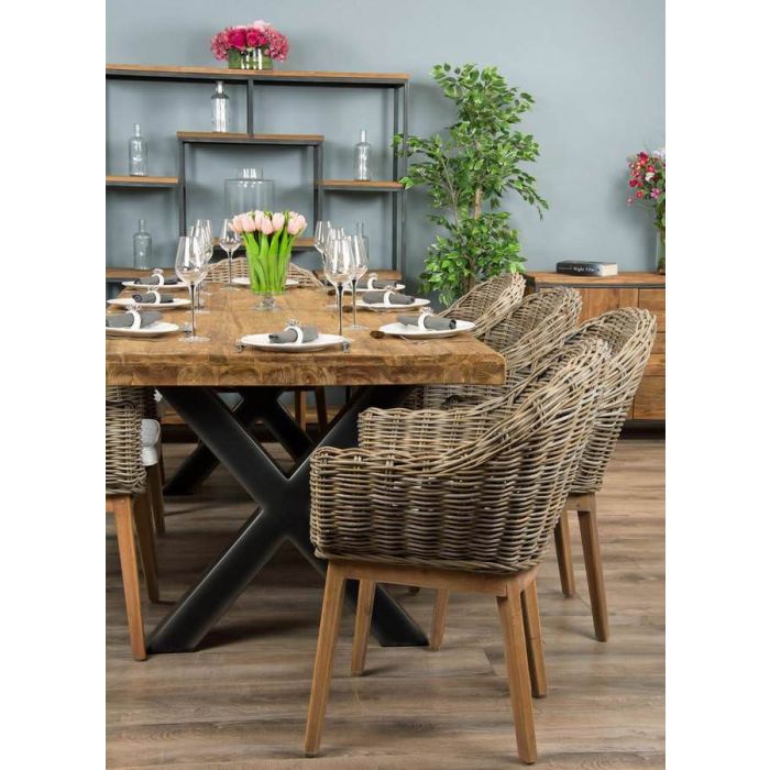 2.4m Reclaimed Teak Urban Fusion Cross Dining Table with 6 or 8 Scandi Armchairs - 7