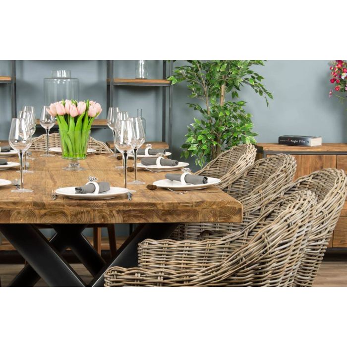 2.4m Reclaimed Teak Urban Fusion Cross Dining Table with 6 or 8 Scandi Armchairs - 11