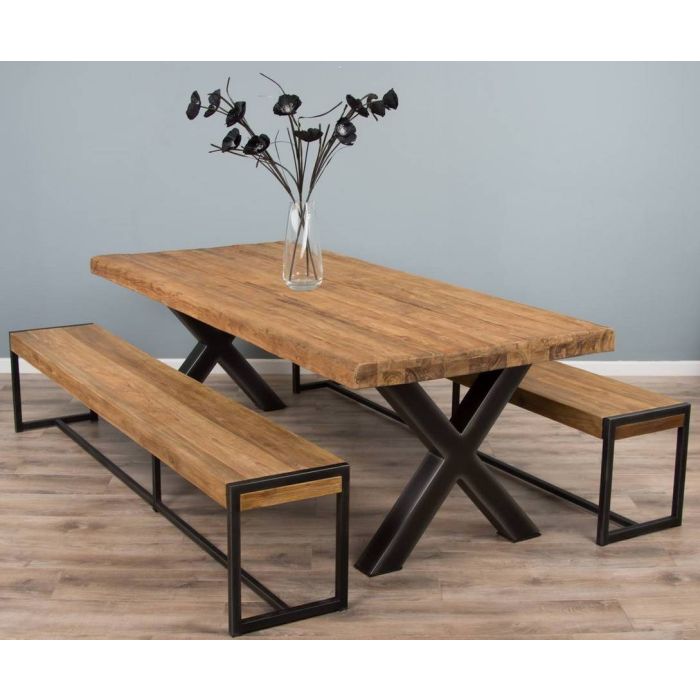 2.4m Reclaimed Teak Urban Fusion Cross Dining Table with Two Backless Benches  - 2