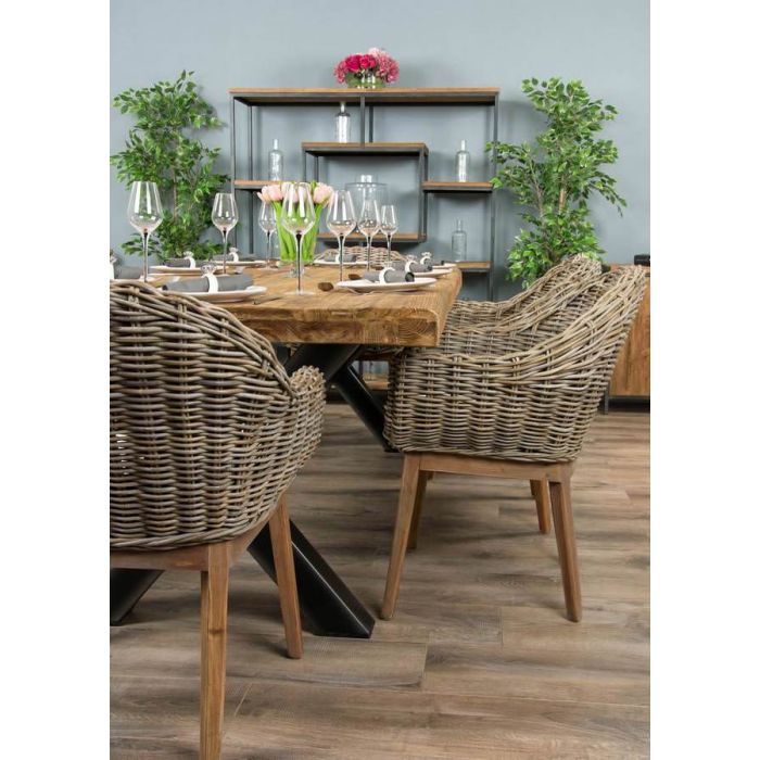 2.4m Reclaimed Teak Urban Fusion Cross Dining Table with One Backless Bench and 3 Scandi Armchairs - 6