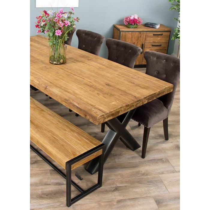 2.4m Reclaimed Teak Urban Fusion Cross Dining Table with One Backless Bench and 4 Velveteen Ring Back Dining Chairs - 5