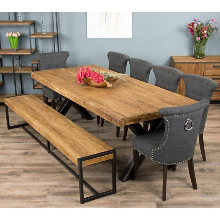 2.4m Reclaimed Teak Urban Fusion Cross Dining Table with One Backless Bench and 4 Dove grey Windsor Ring Back Dining Chairs  - 8