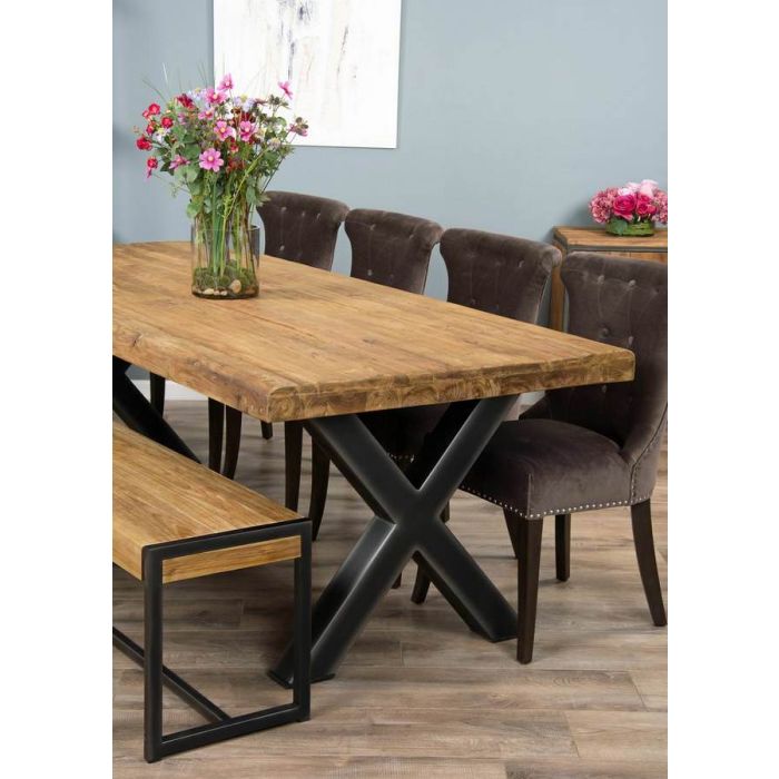 2.4m Reclaimed Teak Urban Fusion Cross Dining Table with One Backless Bench and 4 Velveteen Ring Back Dining Chairs - 2