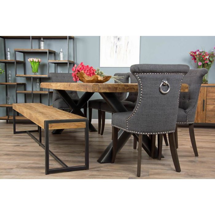 2.4m Reclaimed Teak Urban Fusion Cross Dining Table with One Backless Bench and 4 Dove grey Windsor Ring Back Dining Chairs  - 9