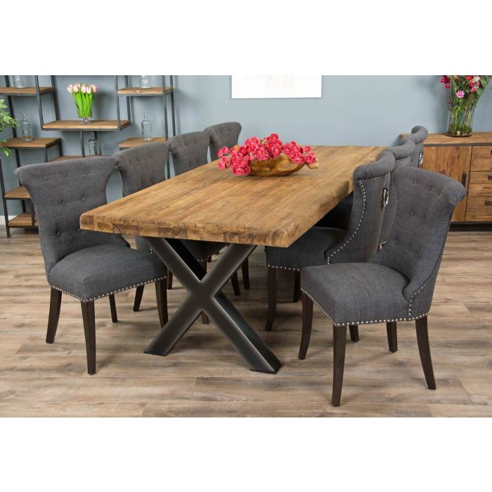 2.4m Reclaimed Teak Urban Fusion Cross Dining Table with 8 Dove Grey Windsor Ring Back Dining Chairs - 6