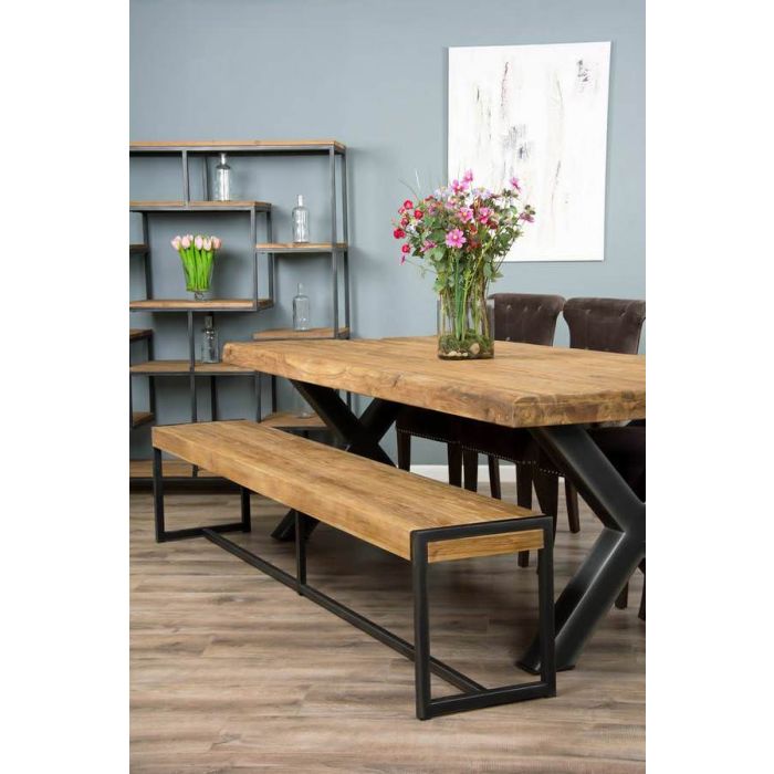 2.4m Reclaimed Teak Urban Fusion Cross Dining Table with One Backless Bench and 4 Velveteen Ring Back Dining Chairs - 1
