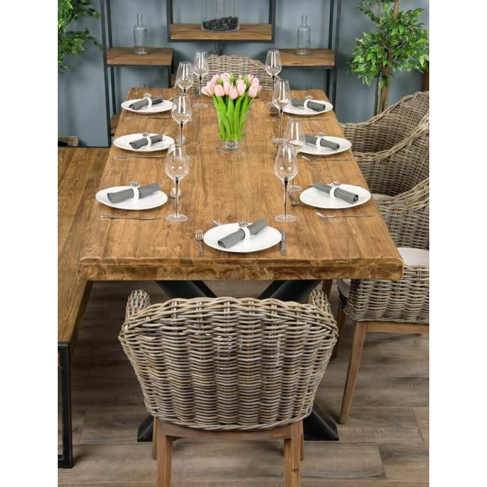 2.4m Reclaimed Teak Urban Fusion Cross Dining Table with One Backless Bench and 3 Scandi Armchairs - 8
