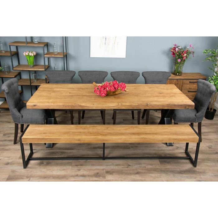 2.4m Reclaimed Teak Urban Fusion Cross Dining Table with One Backless Bench and 4 Dove grey Windsor Ring Back Dining Chairs  - 6