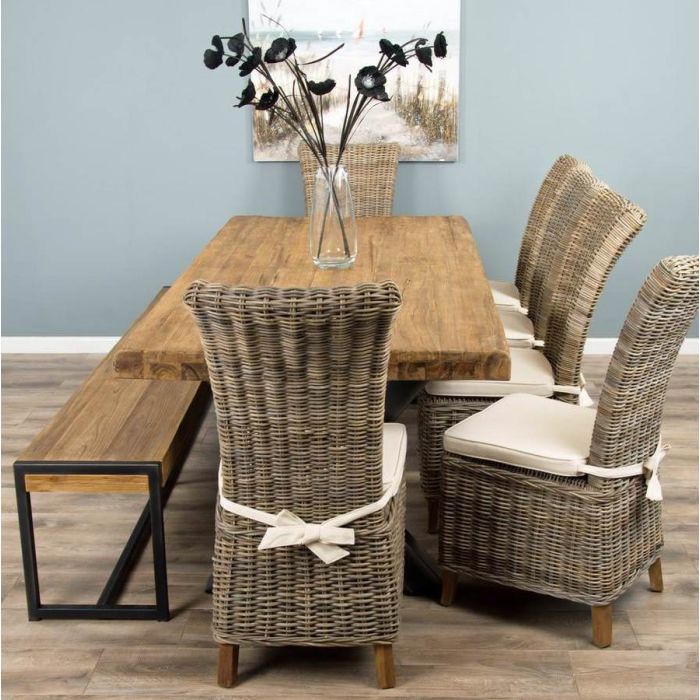 2.4m Reclaimed Teak Urban Fusion Cross Dining Table with One Backless Bench and 4 Latifa Dining Chairs  - 6