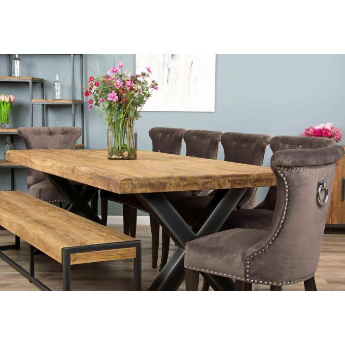 2.4m Reclaimed Teak Urban Fusion Cross Dining Table with One Backless Bench and 4 Velveteen Ring Back Dining Chairs - 8